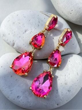 Summer Gems Hot Pink Teardrop Crystal Drop Earrings